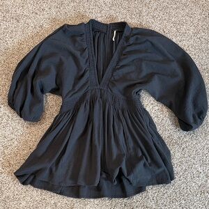 Free People Black V-Neck Smocked Waist Peasant Blouse